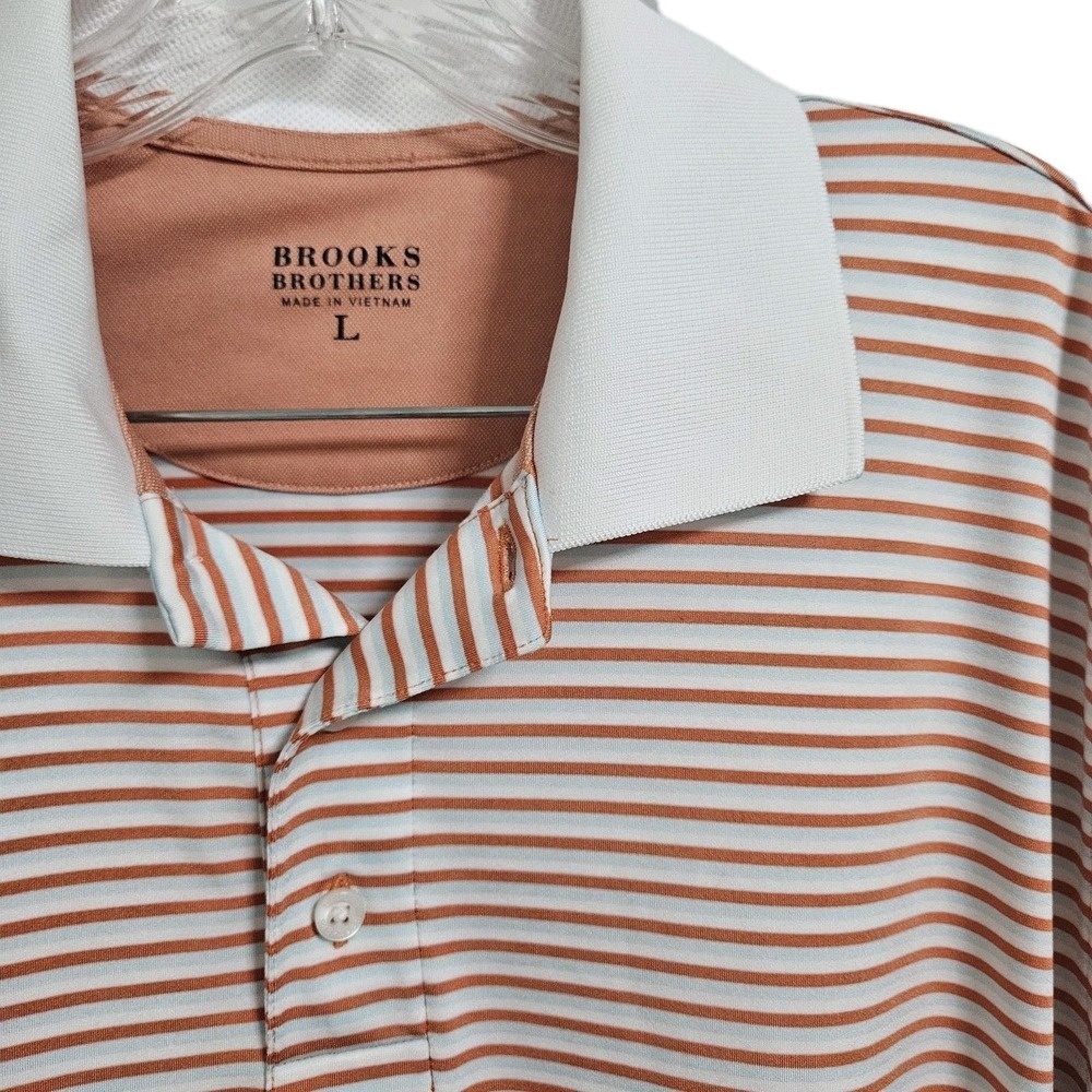 Brooks Brothers Polo Shirt Mens L Orange Striped Performance Golf Ivy Athleisure